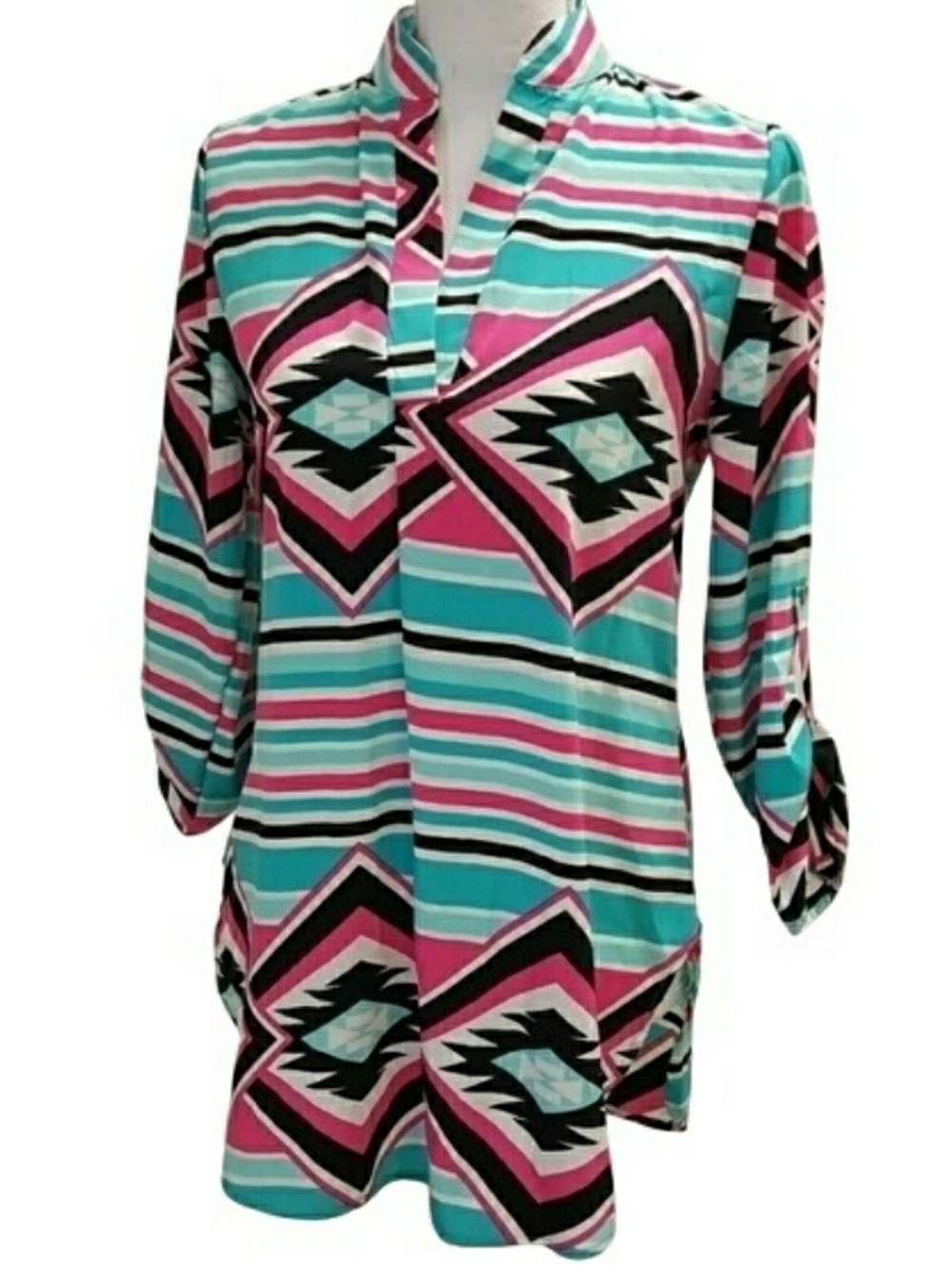 Auditions Pink Blu Aztec Print Womens Tunic Top Size Small